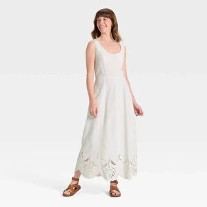 Universal Thread Women's Midi A-Line Dress Cream XL Smocked Eyelet Detail NWT